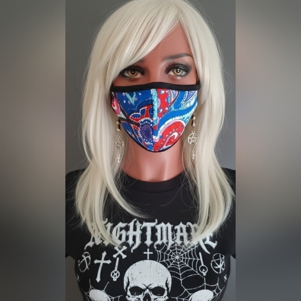 Royal Blue Bohemian Hippie Patchwork Face Mask Y2K